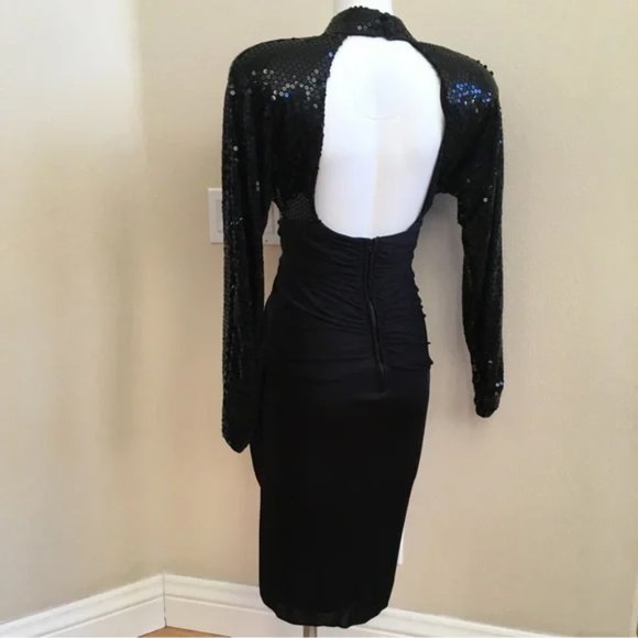 Vintage Karen Okada Black Sequin & Rhinestone Party Dress 6 Backless - Picture 2 of 11